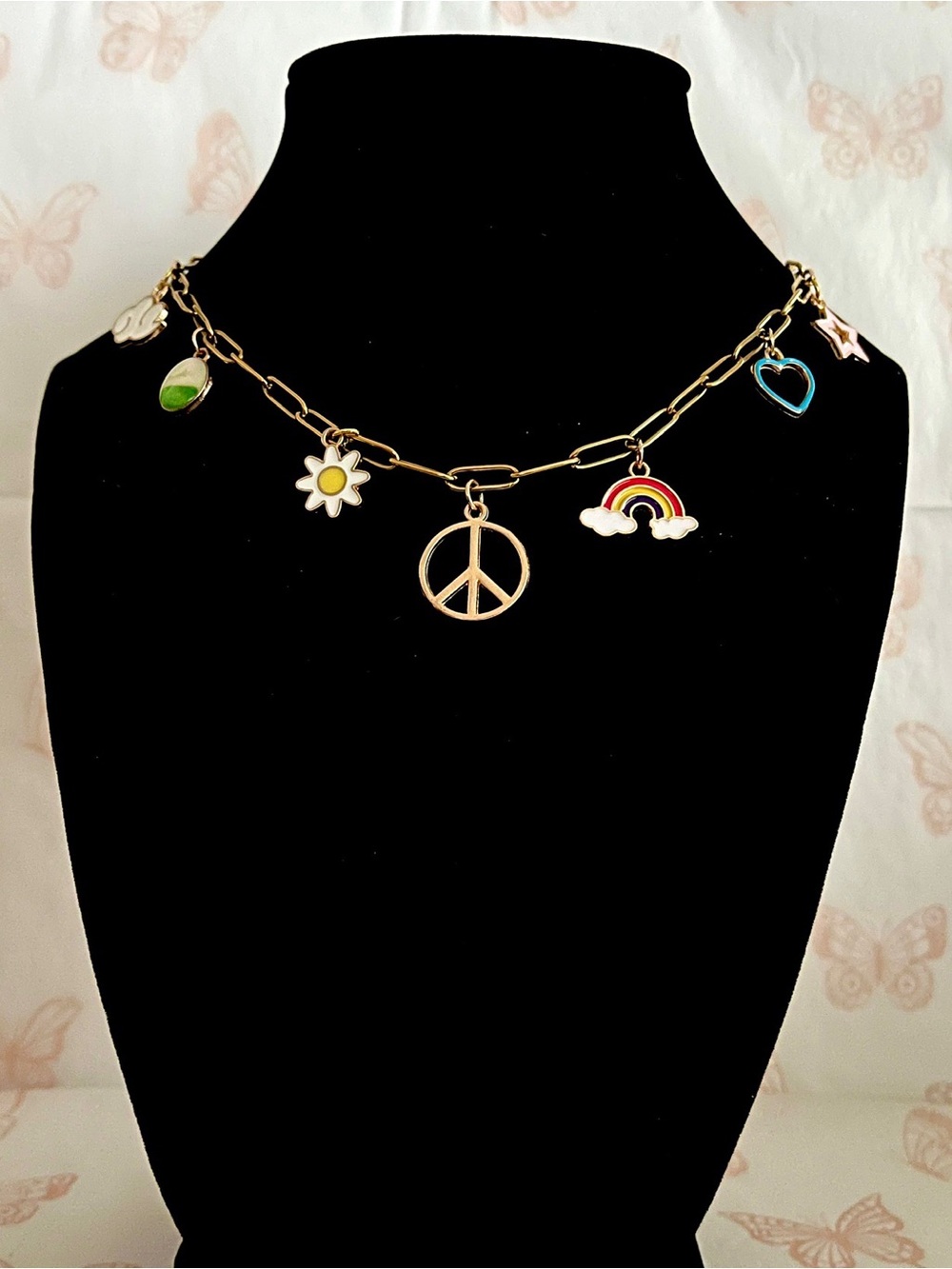 Handmade Gold Tone Paperclip Chain Necklace | Peace Sign, Rainbow & Heart